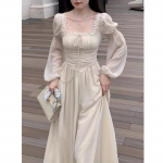 Prantsuse elegantsed printsessi &otilde;htupeo Midi kleidid naistele S&uuml;gis Slim Bandage pikkade varrukatega Vestidos Korea kevadriided XS beež