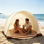 Pop-up rannatelk 3-4 inimesele, UPF 50+ UV-kaitsega p&auml;ikesekatus s&auml;&auml;sev&otilde;rguga, kerge ja kaasaskantav rannatelk beebide piknikuks 120x100cm beež