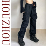 HOUZHOU Harajuku Suurem&otilde;&otilde;tmelised kauba langevarjup&uuml;ksid Naiste t&auml;navariided Vintage Y2k hip-hop laia jalaga s&ouml;rkijad kottis dressip&uuml;ksid tehniline riietus M must