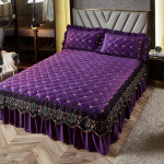Luksuslik paksu sametist tepitud voodi seelik tikitud voodikate Pehme l&uuml;hike pl&uuml;&uuml;s King-suuruses voodilina ilma padjap&uuml;&uuml;rita 1pc Skirt 180x220cm lilla
