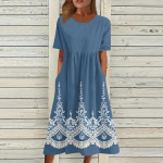 Naiste vabaajakleidid Tr&uuml;kitud kleidid Suvekleidid Tr&uuml;kitud plisseeritud O-kaelusega kleidid L sinine