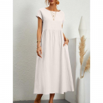 Naiste elegantne &uuml;hev&auml;rviline kleit suvine l&uuml;hikeste varrukatega O-kaelusega Vintage Harajuku puuvillane linane mugav vaba taskuga pikk kleit XXL valge