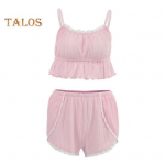 2 tk/komplekt naiste suvine pidžaamakomplekt seljata, varrukateta spaghetii rihmaga pits plisseeritud vest elastne v&ouml;&ouml;koht shirring l&uuml;hikesed p&uuml;ksid kamisole komplekt, magamisriided iga p&auml;ev S aprikoosi