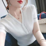 WTEMPO Summer Ice Silk Tops V-kaelusega l&uuml;hikeste varrukatega T-s&auml;rk naiste Korea T&auml;ielikult sobiv &otilde;huke n&ouml;&ouml;biga pullover, &otilde;huke kootud p&otilde;hjaga s&auml;rk S sinine