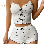2tk/komplekt Lady Homewear Top l&uuml;hikesed p&uuml;ksid &uuml;likond Heart Print Bow Decor Varrukateta seljata vest Elastne k&otilde;rge v&ouml;&ouml;kohaga l&uuml;hikesed p&uuml;ksid Camis Shorts Outfit Lady Summer S must