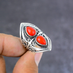 Natural Red Coral Gemstone Handmade 925 Sterling Silver Jewelry Ring Size 8 w5c47
