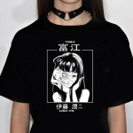 Naiste Junji Ito tippdisaineri T-s&auml;rgid t&uuml;druk 2000ndad naljakas harajuku riietus Tr&uuml;kitud naiste T-s&auml;rk Harajuku L&uuml;hikeste varrukatega Must S