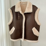 Talvine mood Vanaaegne nahast lambavillast vest naistele Uus disain Soe retro l&uuml;hike vest Naiselik esteetiline vabaaja k&otilde;rgmoe jakk one size fits all tumepruun v&auml;rv