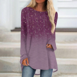 Naiste mood vabaaja tr&uuml;kiga T-s&auml;rk pikkade varrukatega, kaelusega, keskmise pikkusega &uuml;laosaga L sinine