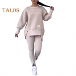 2 tk/komplekt Naiste topp ja p&uuml;ksid &Uuml;likond &Uuml;mar kaelus Pikkade varrukatega L&otilde;hikuga &auml;&auml;ris Pusakomplekt Elastne v&ouml;&ouml;koht &Uuml;hev&auml;rviline Slim Fit P&uuml;ksid Talvine Igap&auml;evane R&otilde;ivaesemete Komplekt L must