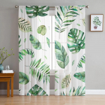Troopilised lehed palmipuu roheline taim valge t&uuml;ll l&auml;bipaistev aknakardinad elutuppa Voile organza kardinad kardinad W135 x H115cm x1&Rod Pocket