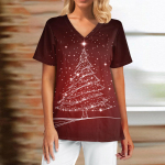 Women's fashionable Christmas printed short sleeved V-neck top with small pockets T-shirt M veini
