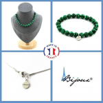 Pierres et Min&eacute;raux. Parure bijoux Bracelet Collier 20 perles Malachite 8 mm. Chaine en Taille personnalisable.