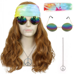 60ndate 70ndate Hippy Woodstock Cosplay s&uuml;nteetilised juuksed pikad pruunid hipi kost&uuml;&uuml;mikomplekt Peaparukas + p&auml;ikeseprillid + kaelakee + paruka m&uuml;ts 22inches