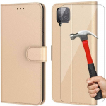 Coque et Verres Tremp&eacute;s - Samsung - A12 - Dor&eacute; - Protection 360&deg; - Effet Cuir