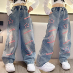 Sinine Kevad Teismelised T&uuml;drukud Teksad T&auml;hed Armastus K&auml;ter&auml;tik Tikitud Mood Laiad S&auml;&auml;red Pikad P&uuml;ksid Kottis Denim P&uuml;ksid Laste T&uuml;druk 170cm