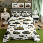 S&otilde;jateema komplekt T&auml;issuurus, Lennukite ja tankide voodipesukomplekt lastele poiste magamistoa kaunistuseks, Retro armee roheline lennukid tankid pehme pol&uuml;ester EU Twin(135x200cm)