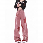 American retro teksad Viie punktiga Star Raw Edge Splicing lahtised laia s&auml;&auml;rega teksad Naised N&auml;evad &otilde;hukesed Trendikad K&otilde;ik sobivad Mopping p&uuml;ksid Naised S roosa