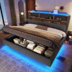 Polsterdatud voodi, 180 &times; 200 cm, LED-valgusriba, h&uuml;drauliline panipaik, ujuv disain, madrats ei kuulu komplekti, USB ja Type-C pordid, linane kangas 217 x 183 x 110 cm hall