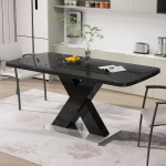120CM-160CM Kaasaegne Ristk&uuml;likukujuline S&ouml;&ouml;gilaud, Pikendatav, Tr&uuml;kitud Must Marmorist Lauaplaat+MDF X-kujuline Lauajalg Metallist Alusega 160 x 80 x 76.5 cm must