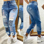 Naiste K&otilde;rge V&ouml;&ouml;koht T&auml;hetr&uuml;kiga Ripped Denim Jogger P&uuml;ksid Elastsed Mansetid Streetwear Kulumisj&auml;lgedega Denim P&uuml;ksid M gray