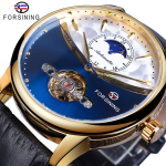 Forsining Moon Phase automaatne k&auml;ekell Royal Men Golden veekindel mehaaniline k&auml;ekell vabaaja ehtsast nahast Tourbillon kell gray
