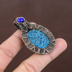 Natural Blue Titanium Druzy,Chalcedony Stone Copper Wire Wrap Pendant 2.17 h0o52
