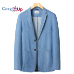 Cozy Up Meeste vabaaja teksariidest bleiser 2 n&ouml;&ouml;biga Slim Fit mantel Klassikaline s&auml;lguga kraega jakk &Auml;ri&uuml;likonna jakid 8XL XXL sinine