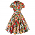 Reversiga avatud kraega l&uuml;hikeste varrukatega v&auml;rske tr&uuml;kiga paelkinnitusega kleit v&ouml;&ouml;ga naistele retro rockabilly printsessi cosplay kleit XXL