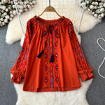 Camisa Feminina tikitud puhvis varrukatega etnilise stiiliga v&auml;rviline pluus naistele 2024 suve Camisas vintage naiste pluusid One Size oranž