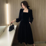 Kevadine kleit, naiste prantsuse retro pikk kleit, elegantne pikkade varrukatega kandiline kaelus, kuldne sametine v&auml;ike must kleit XXL must