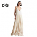 Daami rannakleit s&uuml;gav V-kaelusega avar A-kujuline lapiline seljatugedeta varrukateta plisseeritud puhkuserihmakleit kuurordikleit Maxi kleit, maapikkuses p&auml;ikesekleit M beež