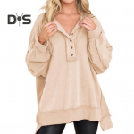 Naiste dressipluus, n&ouml;&ouml;p, &uuml;mmargune kaelus, pikad varrukad, elastne mansett, vaba &uuml;hev&auml;rviline, ebaregulaarne &auml;&auml;ris, pullover, vabaaja sportlik topp M helesinine v&auml;rv