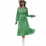 S&uuml;giskevadine naiste kleit Alla keeratav krae V kaelus, pikkade varrukatega A-line suur kiik, pool &uuml;herealine pits-up v&ouml;&ouml;koht, plisseeritud lillemustriga midikleit S roosa punane v&auml;rv