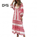 Naiste V kaelus, 3/4 puhvis varrukad Maxi Kleit Bohemia Lilleprintidega &Otilde;mblemine Flow Hem Lahti istuv rannapikk kleit vabaaja p&auml;ikesekleit L roheline