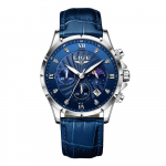 LIGE Meeste k&auml;ekellad, vabaaja helendavad veekindlad kronograafi nahast rihmaga kvartskellad sinine