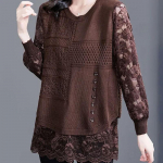 Kootud kampsun naiste s&uuml;gisel Mugavad lahtised vale kaheosalised topsid Pullover pitsiga s&auml;rk Pikkade varrukatega soojad vabaaja topid M pruun