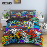 Graffiti Voodipesu Komplekt Graafiline Tekikott Teismelised T&auml;iskasvanud Hip Hop Hippie Tekikate Seina Linnat&auml;nava Kunst Pol&uuml;ester Tekikate EU single(135x200cm) blue