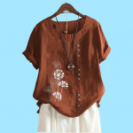 Naiste mood puuvillane linane pluus Suvine ja s&uuml;gisene &uuml;mara kaelusega l&uuml;hikeste varrukatega topp Laides Casua lillemustriga lahtine T-s&auml;rk S pruun