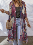 Naiste boho kimono, pluss-suuruses, &uuml;leni geomeetrilise mustriga, avara l&otilde;ikega, V-kaelusega, pooll&auml;bipaistev, vabaaja rannakleit k&uuml;ljel&otilde;hikutega. One-size