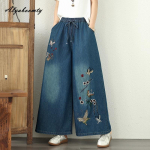 Korea mood Pluss Suurus Kevad Uus Suvi Naiste Laiade S&auml;&auml;rtega Džinsid N&ouml;&ouml;riga Lillede Liblikatega Tikand Vabaaja Lahtised Denim P&uuml;ksid Vintage Stiilsed Džinsid M sinine