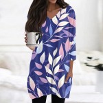 Naiste vabaaja V-kaelusega 3/4 varrukatega vintage lillemustriga topp L sinine