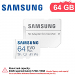 Samsung 128GB micro sd EVO Plus tf-kaart M&auml;lukaart+Adapter 64G 256G 512G microSDXC, Kiirused kuni 160 MB/s, UHS-I,C10,U3,V10,A3,Telefonidele,DJI,Kaameratele 【64GB】