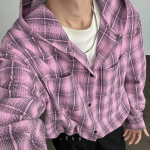 Meeste ruuduline kapuutsiga s&auml;rk &uuml;legabariidiline vabaaja n&ouml;&ouml;pidega pikkade varrukatega mustvalge ruuduline streetwear shacket top L roosa