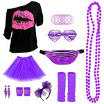 80ndate komplekt naistele, T-s&auml;rk, v&ouml;&ouml;kotike, peapael, k&otilde;rvar&otilde;ngad, kaelakee, v&otilde;rksallid, 80ndate riided, kost&uuml;&uuml;m, neoonaksessuaarid, teemapidu riided M lilla