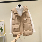 Talvised Korea lahtised naiste puuvillased vestid, kapuutsiga vabaajariietega mantlid L khaki