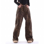 Vintage leopardimustriga teksad, naiste kevadised &uuml;lisuured vabaaja puusap&uuml;ksid, laia s&auml;&auml;rega p&uuml;ksid Trend k&otilde;rge v&ouml;&ouml;kohaga Panther teksap&uuml;ksid naistele S pruun