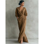 Naiste V-kaelusega Wrap Maxi Kleit Batwing Pikkade Varrukatega V&ouml;&ouml;kohast Keeratud Kortsutatud L&otilde;hikuga &Auml;&auml;risega K&uuml;ljetaskutega Elegantne Satiinise Tundega &Otilde;htukleit L khaki