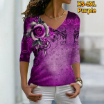 Naiste s&uuml;gisene lilleline roos rinnal Tr&uuml;kitud pikkade varrukatega T-s&auml;rgid V-kaelusega pluss-suuruses T-s&auml;rk Topid Mugav pluus XS lilla