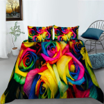 3D Lillede Seeria Voodipesukomplekt Lillemustriga Tekikott Padjap&uuml;&uuml;r 2 v&otilde;i 3 Osaline Mikrokiudkangas Pehme ja Mugav Kodukaunistus AU Double 180x210cm